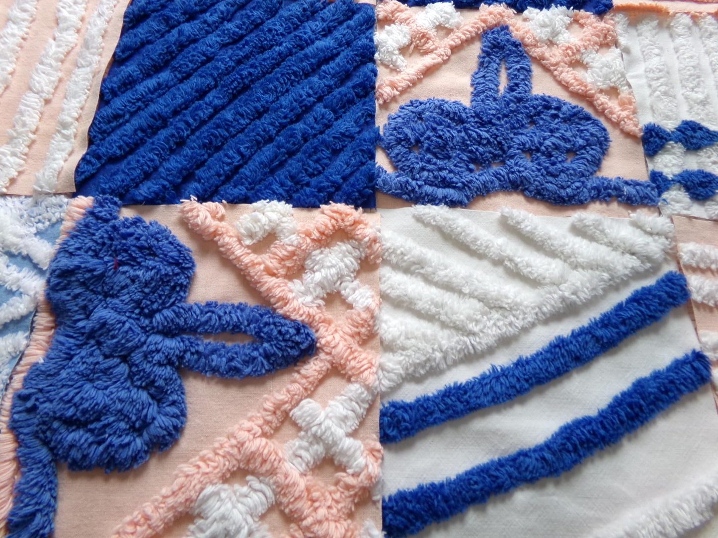 peach frost vintage chenille fabric squares, set of 16 peach & blue quilt blocks 6" ea, for fiber arts, sewing, quilting