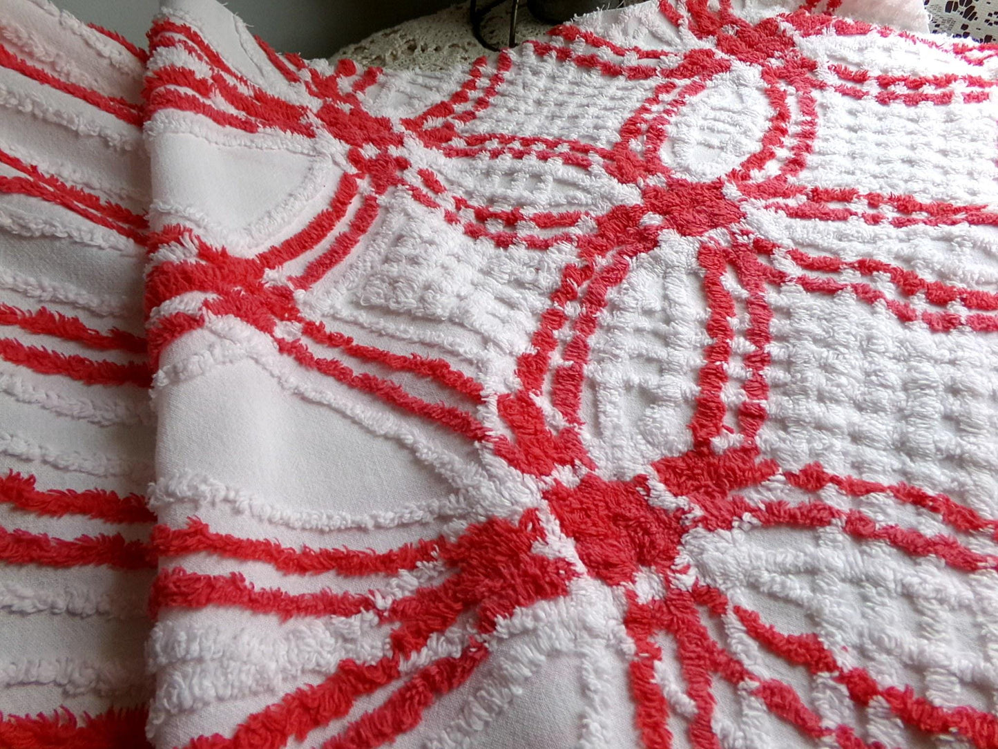 red & white vintage chenille fabric in wedding ring cathedral stripe design, 19" x 29" inch irregular piece of sewing material