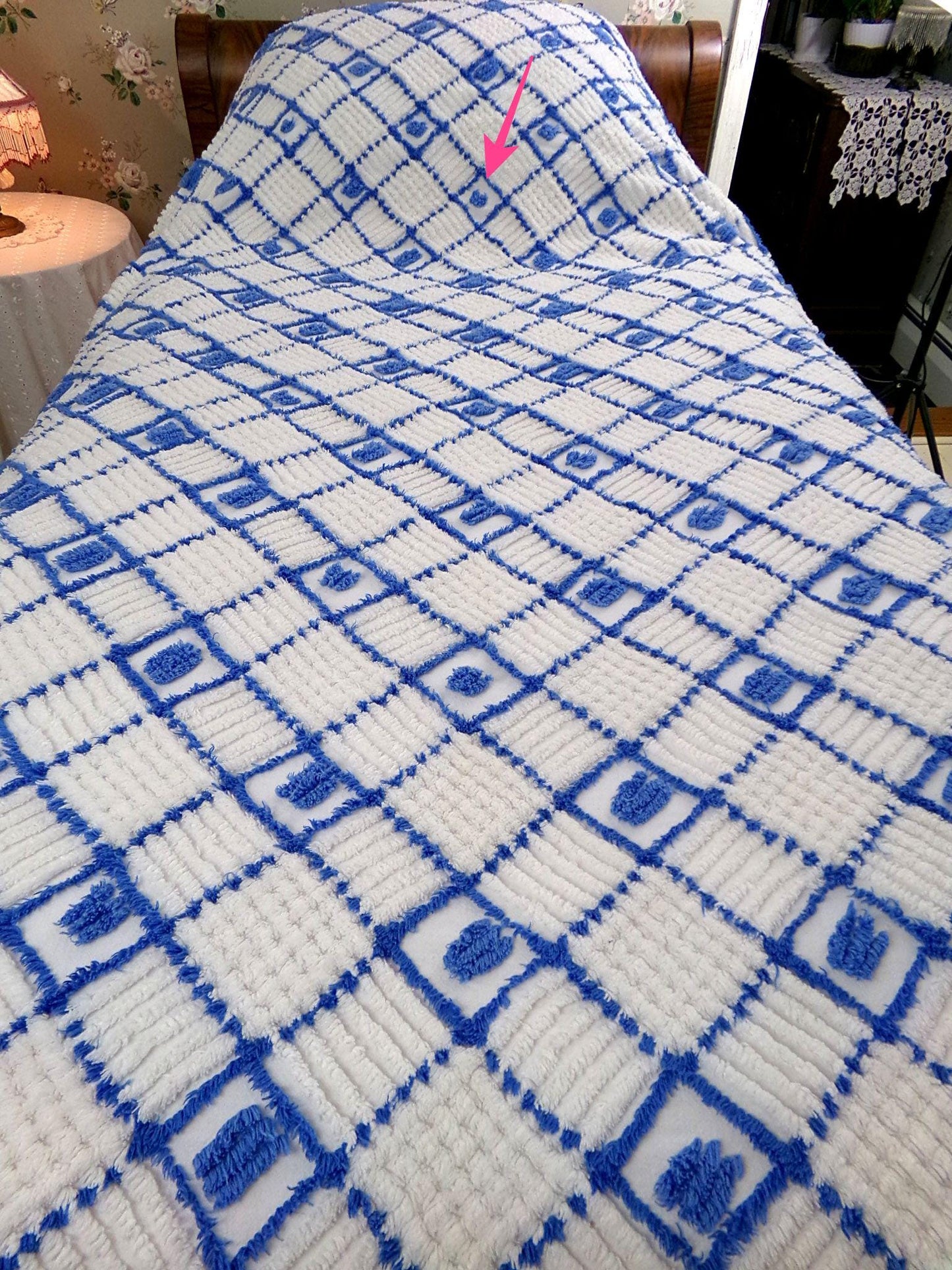 nautical vibes vintage chenille bedspread, blue dots on white cotton with cathedral stripes, full size coastal cottage bedding