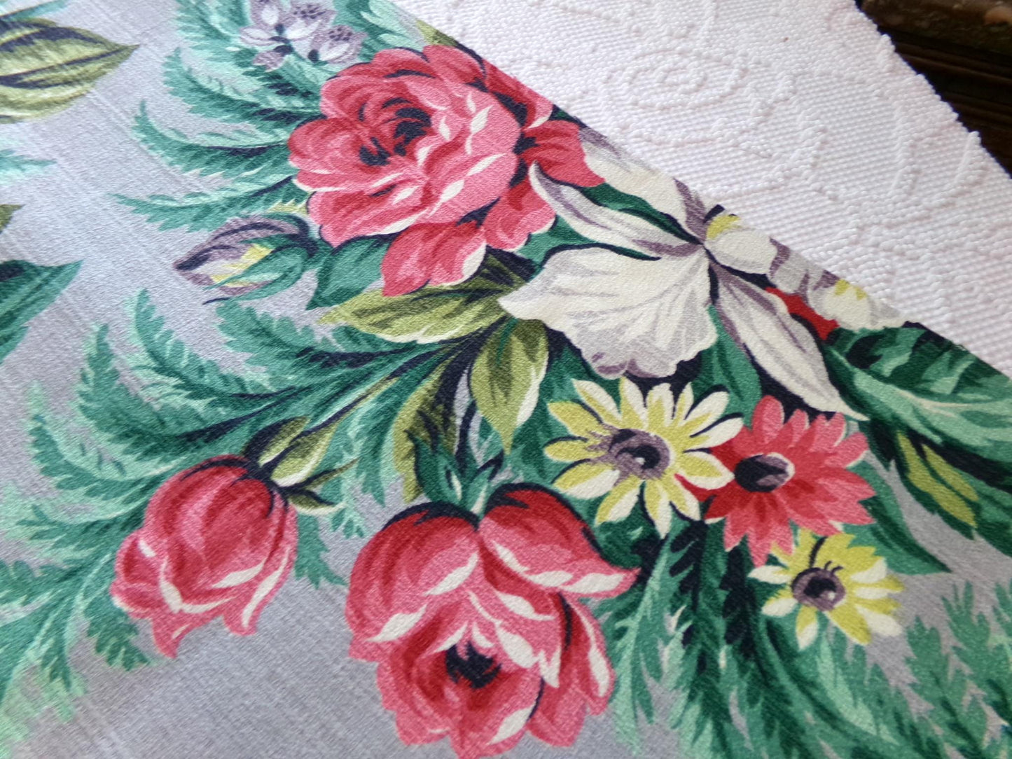Silver Grey Botanical Vintage Barkcloth Fabric, Tropical Exotic Floral Print, 22" x 24" inches, Ideal Fabric Piece for Pillows