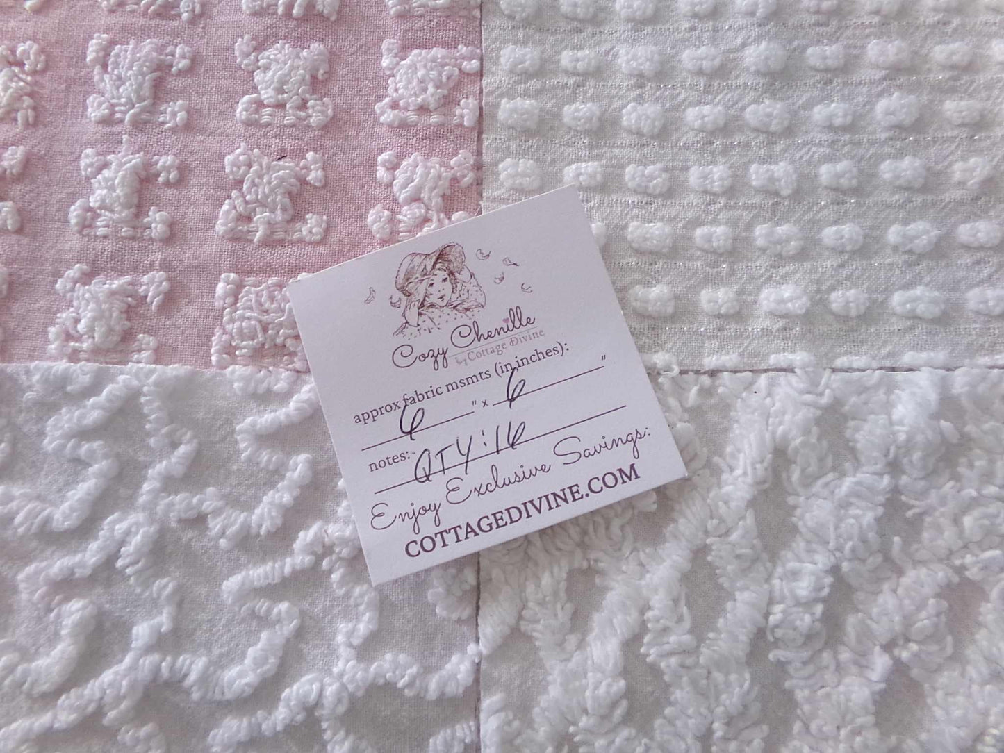 angel feathers chenille fabric squares, pink & white rosebud, lattice, dots, squiggles, vintage square set of 16 quilt blocks, 6" x 6" inch