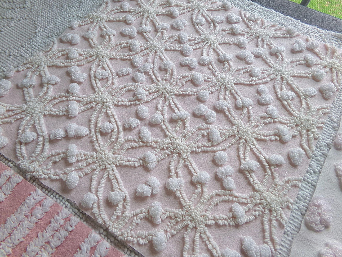 love pink chenille fabric squares, set of 4 texturized vintage large quilt blocks 12" inches ea, spider ring, pops, stripes, infinity tuft