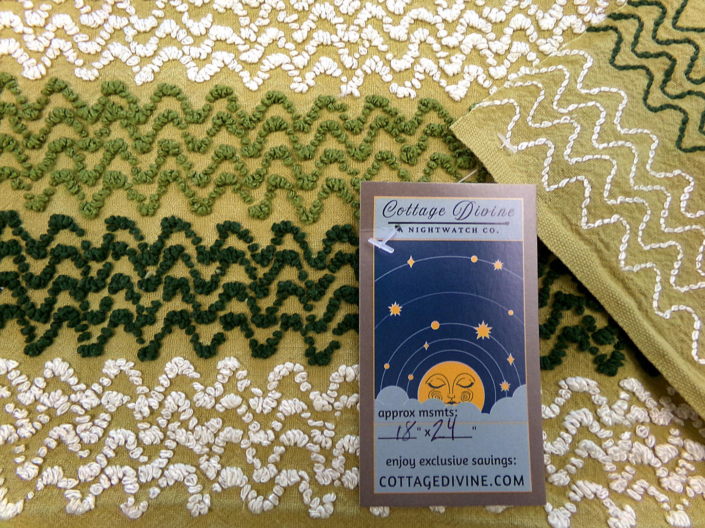 groovy green zig zag vintage chenille fabric, earthy avocado, olive textured pattern, 18" x 24" cut piece for arts & crafts