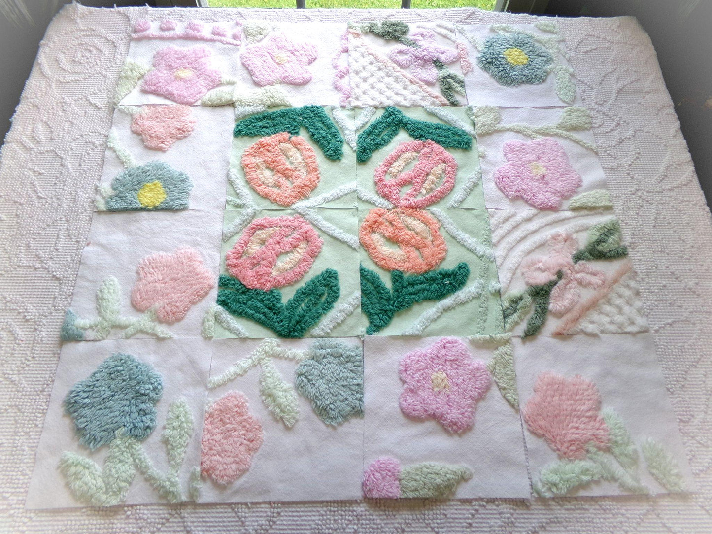 blooms chenille fabric squares, set of 16 lovely vintage floral 6" craft blocks, for quilt inlays, pillows, fiber arts