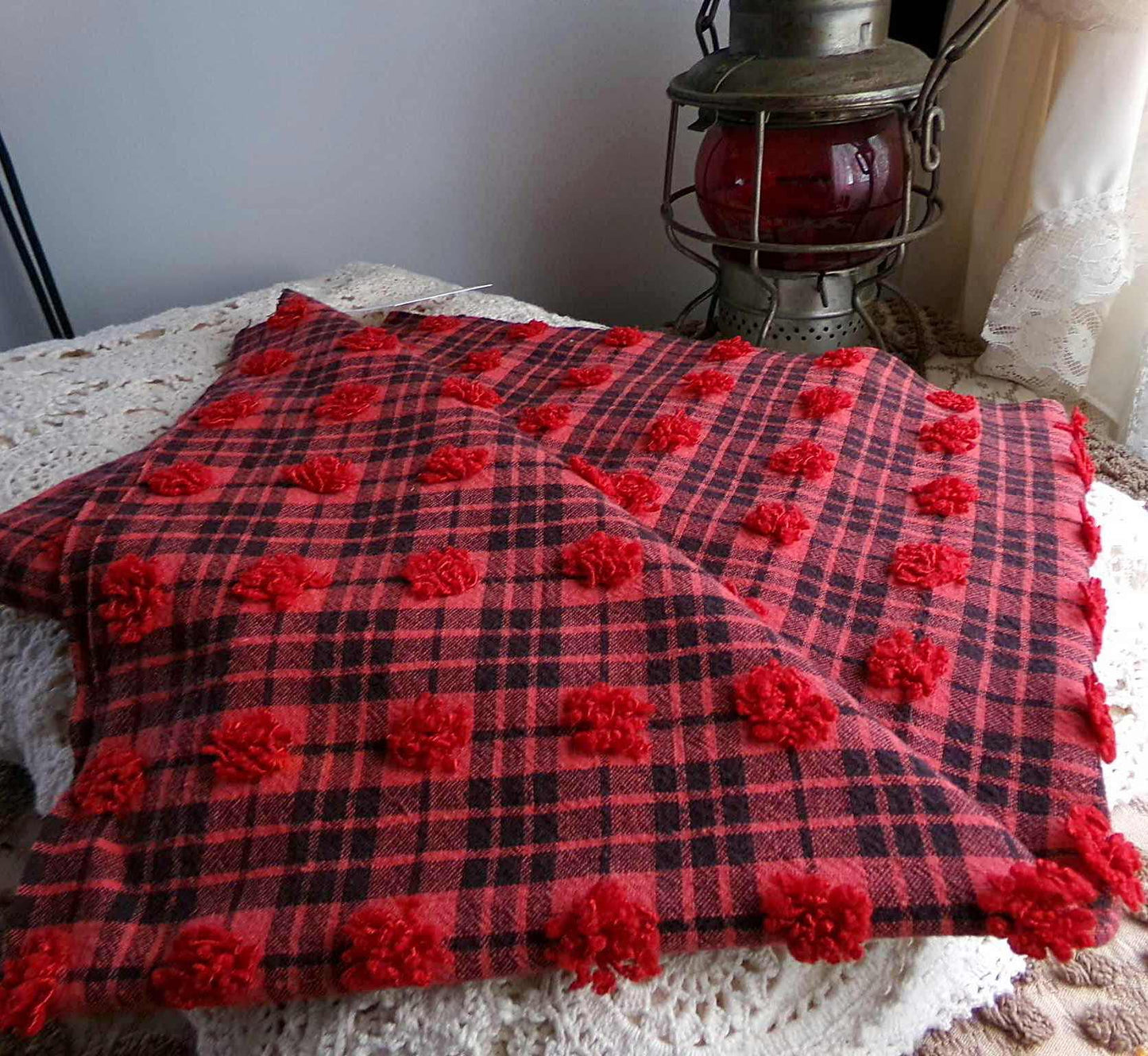 Midnight Black Tartan Plaid Vintage Chenille Bedspread Fabric, Tufted Deep Red Dots, 19" x 26" inch Piece, Lightweight Quilt Material