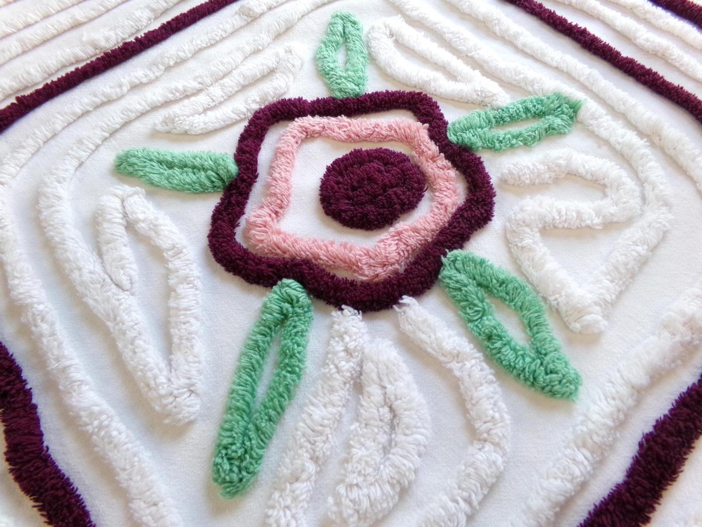 Rose Mauve Vintage Chenille Fabric, 19" x 23" Piece of Radiating Swirl White Cotton Sewing Material Upcycle into Pillows, Quilts