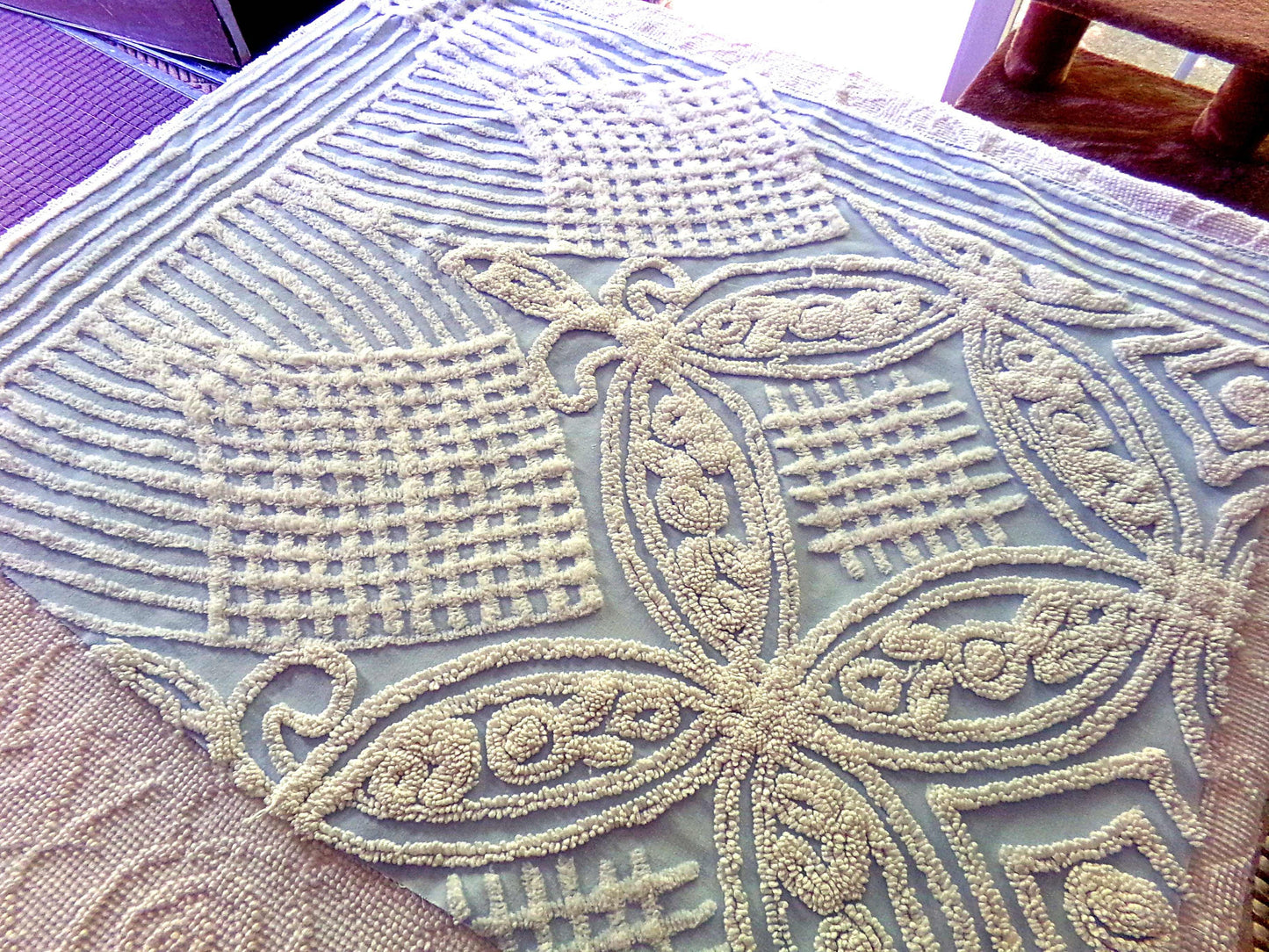 Shabby Chic Vintage Fabric, Porcelain White Rose Floral Chenille on Cloud Blue Cotton, 24" x 30" inch Piece, So Pretty in Pillows & Quilts