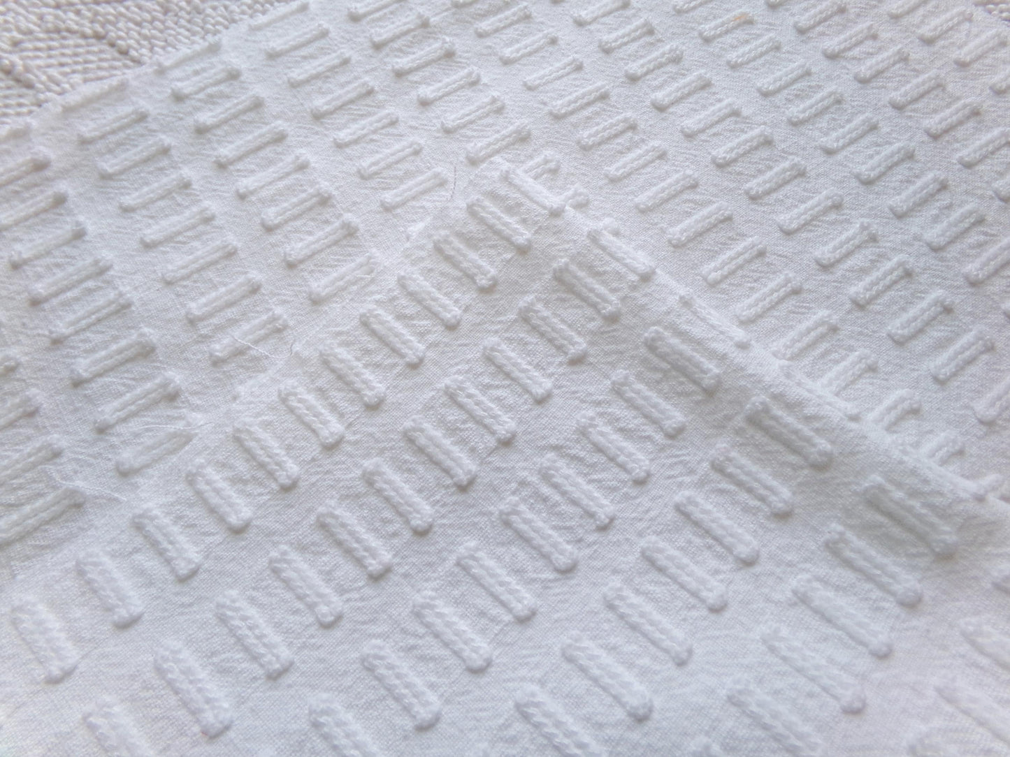clean crisp white vintage chenille fabric: unique buttonhole design, 19" x 24" cut piece