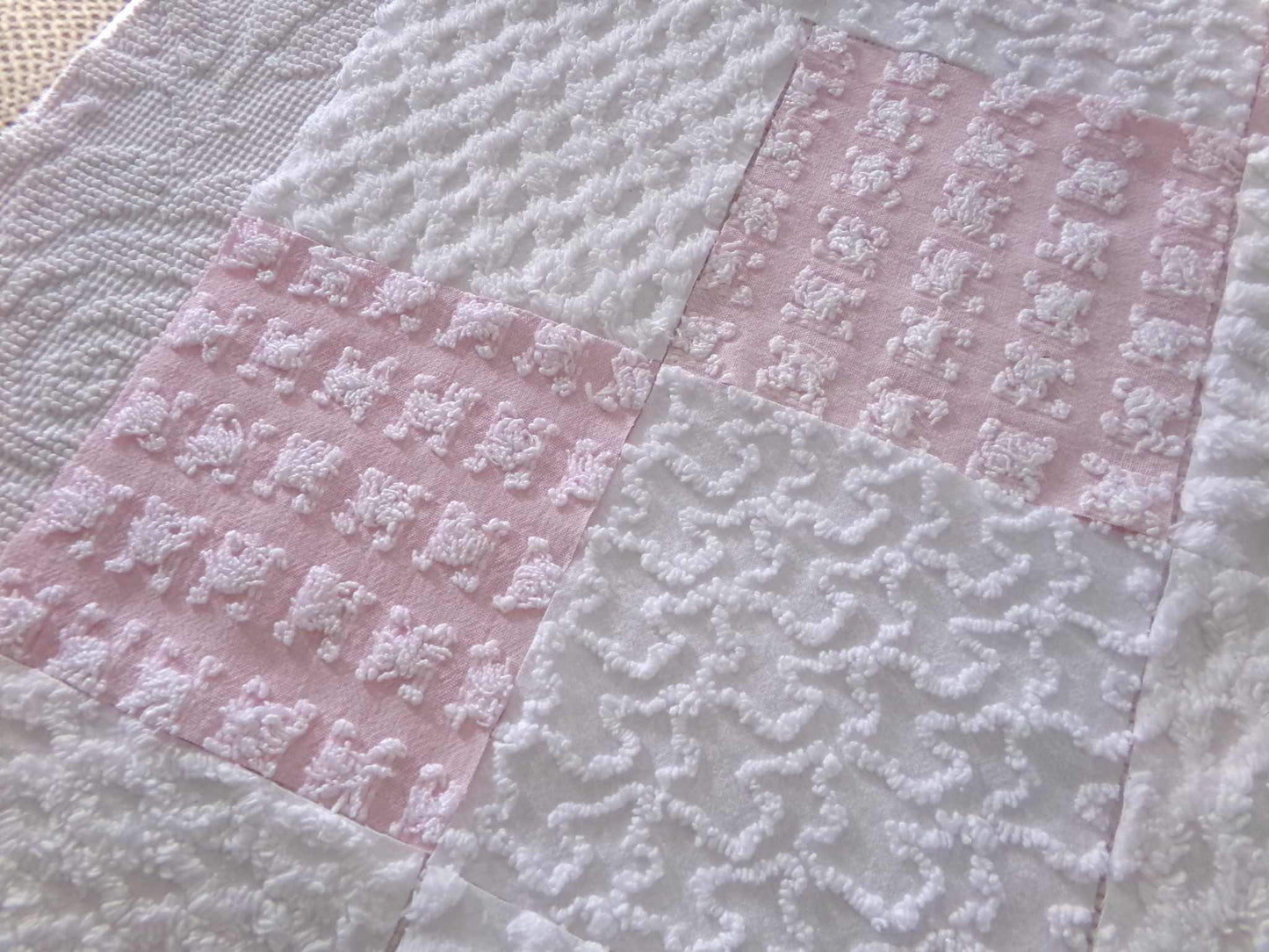 angel wings chenille fabric squares, pink & white rosebud, lattice, dots, squiggles, vintage square set of 16 quilt blocks, 6" x 6" inch