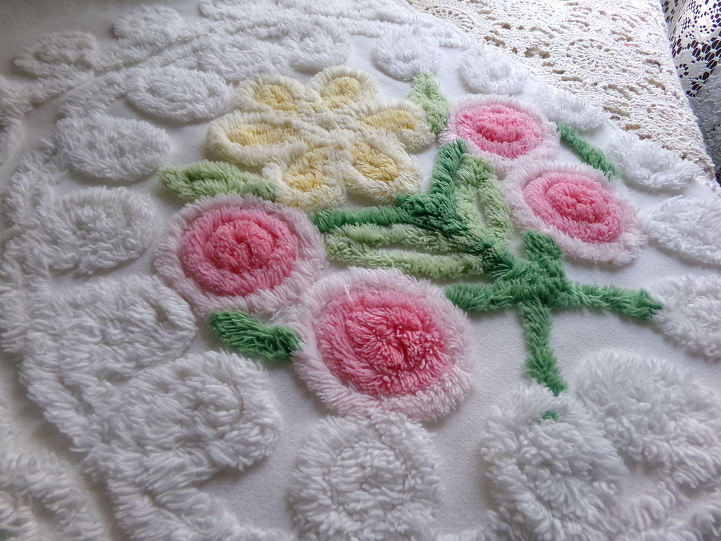 sculpted wedding cake vintage chenille fabric, lovely bridal white curlicues & rosette florals, 19" x 27" inch piece cotton sewing material