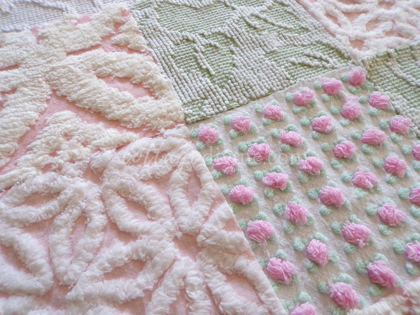 pink & green chenille fabric squares, set of 16 vintage quilt blocks 6" each, popular spring daisy, rosebud and hobnail patterns