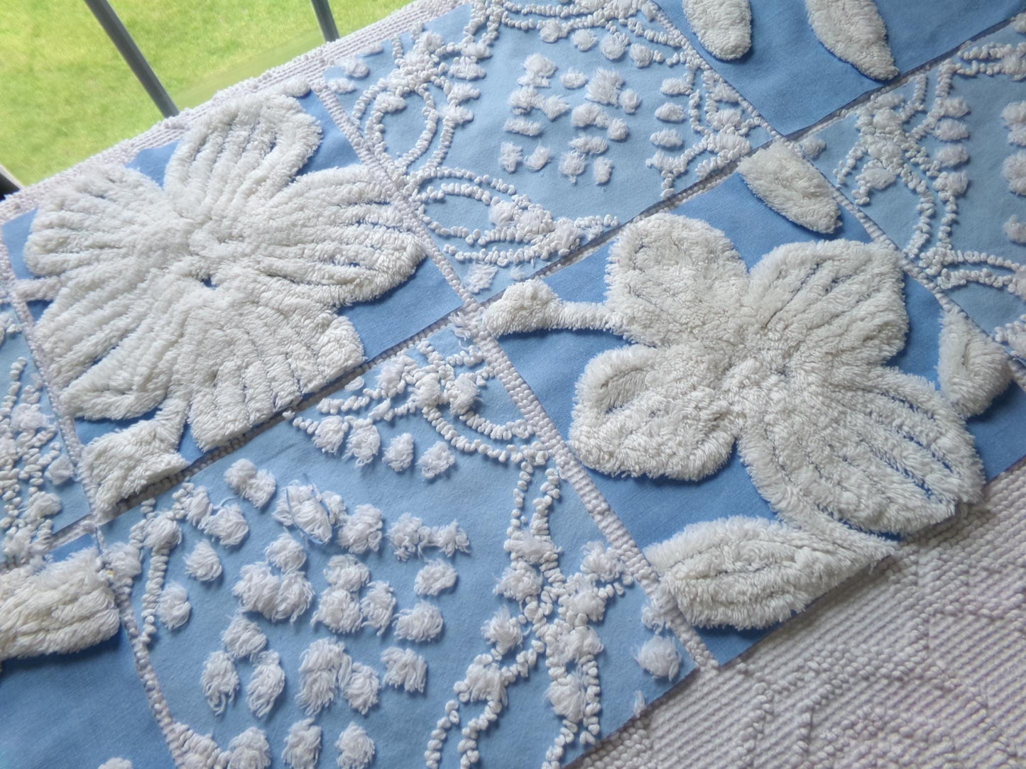 coastal breeze chenille fabric squares, set of 8 vintage 7.5" quilt blocks, blue geometric, white floral for sewing, crafts, quilting
