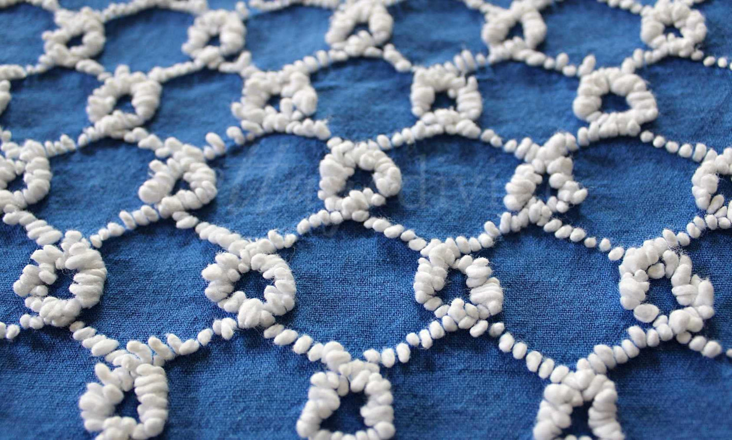 Chain Link Cobalt Blue Vintage Chenille Fabric, 20" x 24"' inch piece, White Needletufted Links on Ultra Lightweight Cotton