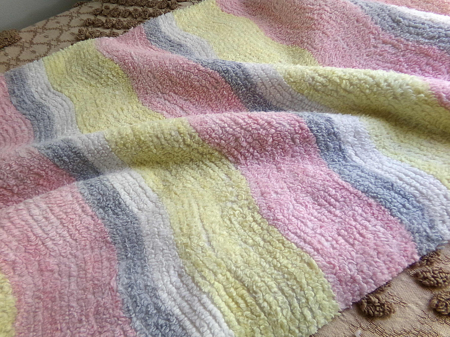 soft cozy striped chenille fabric, vintage 20" x 24" piece of lightweight sewing material in pink, yellow, white & grey ripple stripes