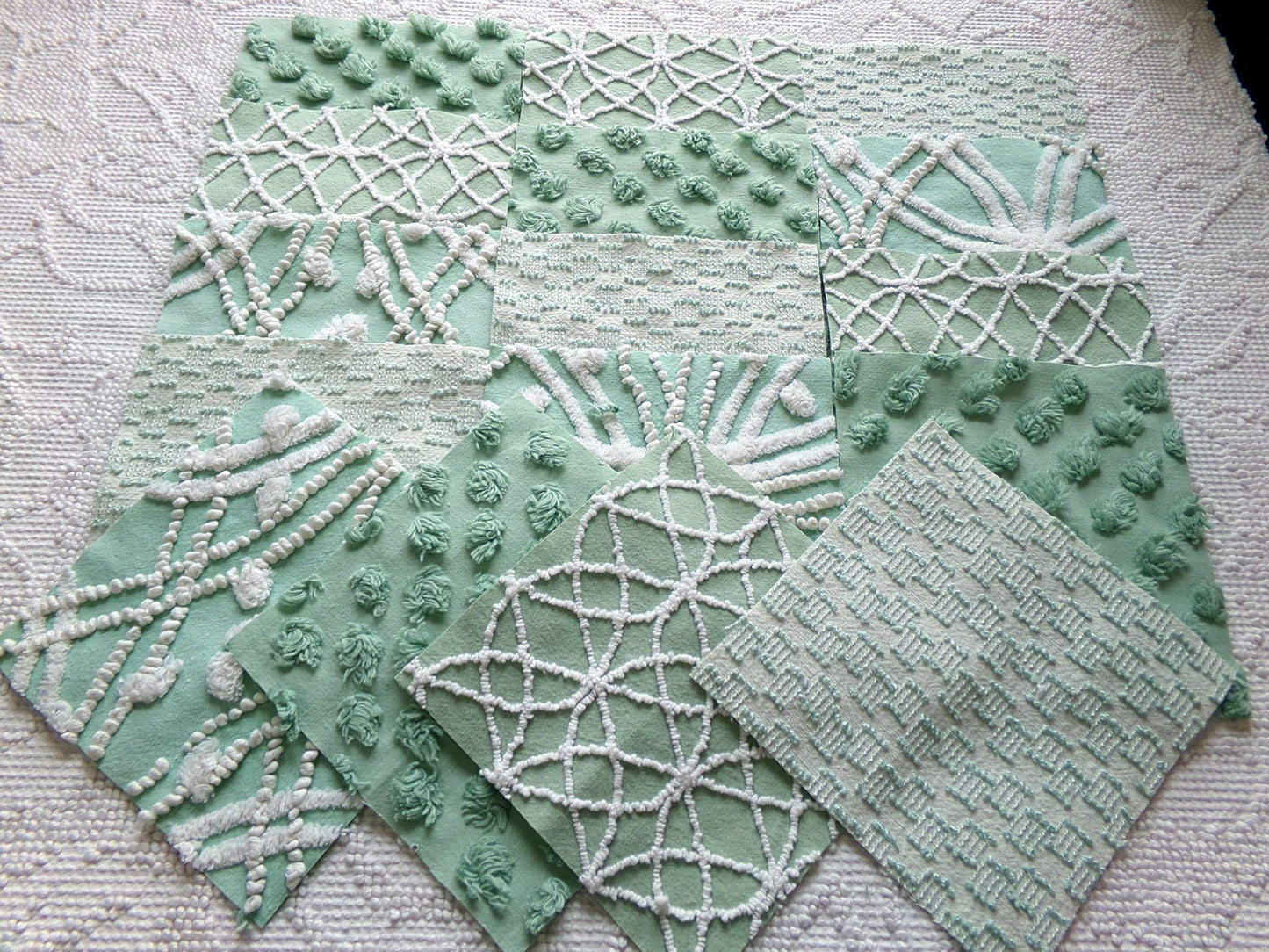 gorgeous green chenille fabric squares, set of 16 vintage 6" craft blocks, geometric designs for quilt inlays, pillows, fiber arts
