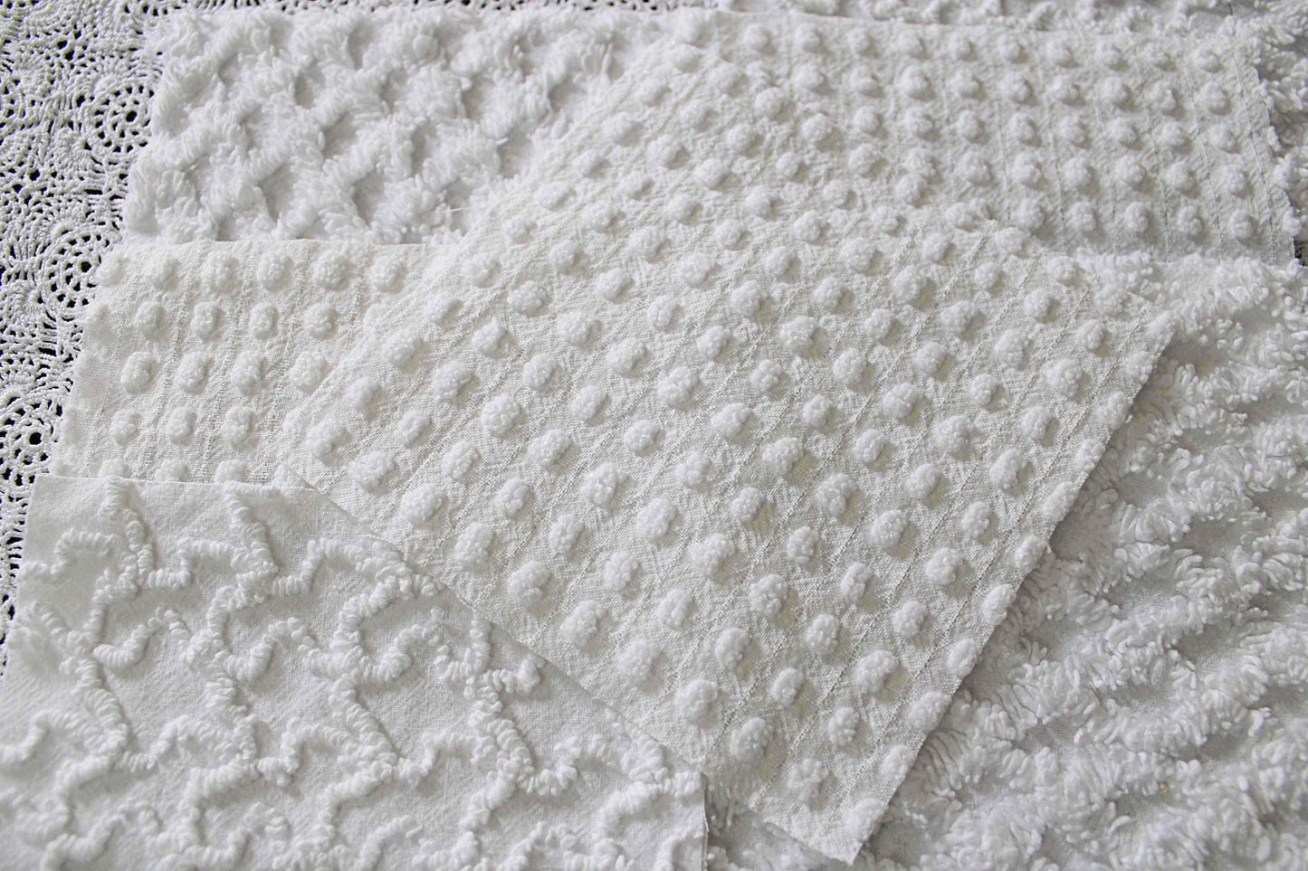 white chenille fabric squares in dynamic textures, coin dots, lattice, mini pop sparkle & squiggles, 16 vintage quilt blocks, 6" x 6" ea