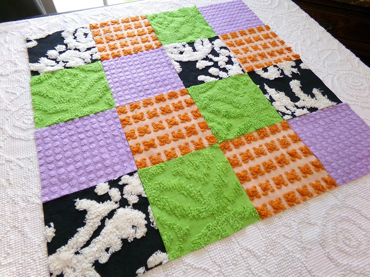whimsical witch vintage chenille fabric squares, set of 16 playful 6" blocks for crafts, sewing in orange, black, green & lavender