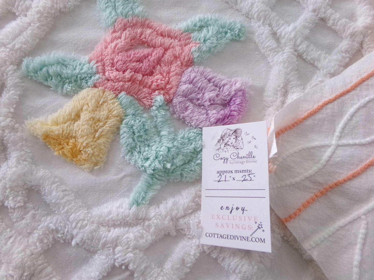 pastel springtime flower bouquet in tufted white webbed chenille, 21" x 25" inch vintage fabric piece