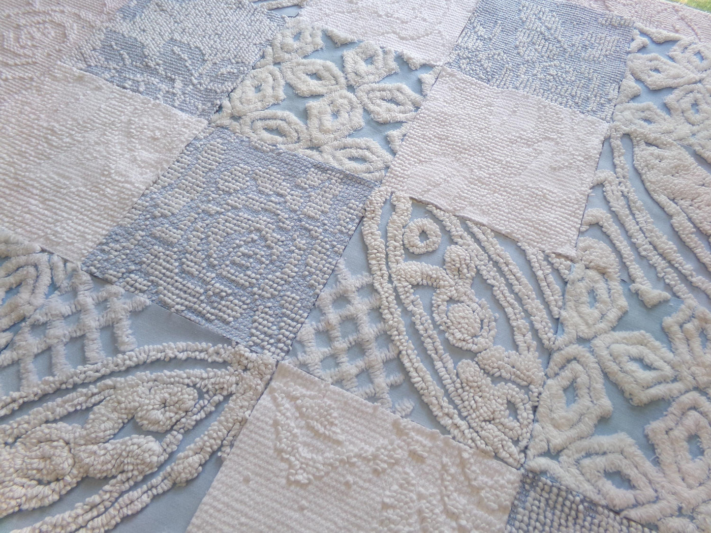 seaside serenity vintage chenille fabric squares, set of 16 blue & white 6" blocks for crafts, sewing