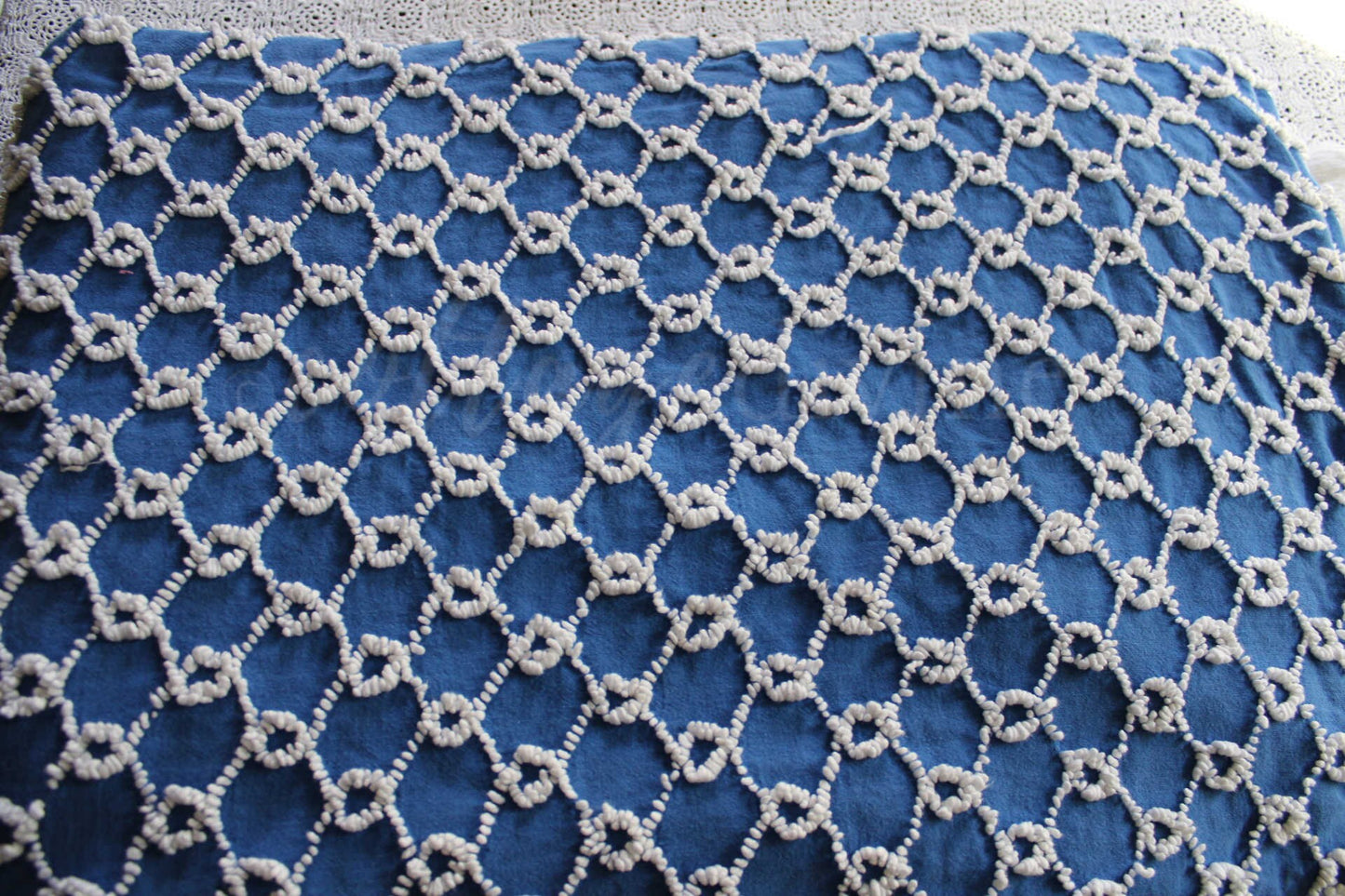 Chain Link Cobalt Blue Vintage Chenille Fabric, 20" x 24"' inch piece, White Needletufted Links on Ultra Lightweight Cotton
