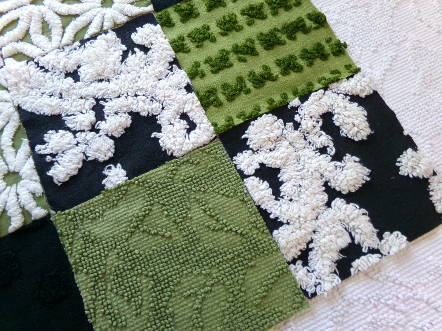 goblin green & black chenille fabric squares, set of 17 vintage boho quilt blocks for hippie style pillows, fiber arts