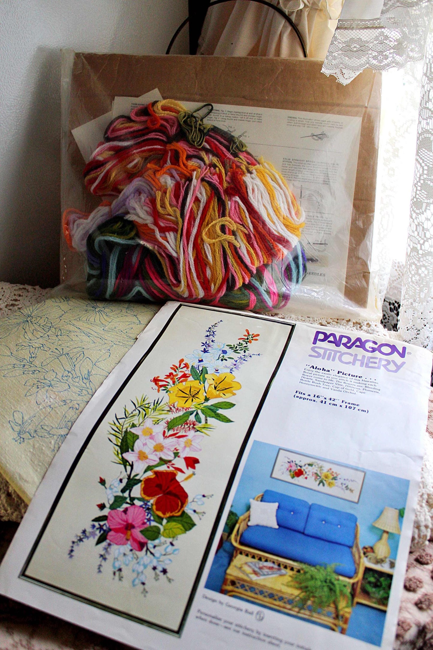 Boho Hawaii ALOHA Crewel Embroidery Kit, Vintage Paragon Stitchery #0101, 16" x 42" Large Tropical Floral Wall Hanging, Georgia Ball Design