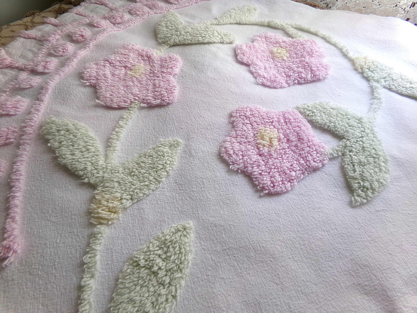Pink Floral Blooms Vintage Style Chenille Fabric, Lovely Plush Flowers on White Cotton, 21" x 34" inch Piece
