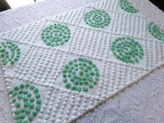 sweet shamrock green vintage chenille fabric, diamond circle pattern, 16" x 24" piece of white cotton sewing material for quilts, crafts