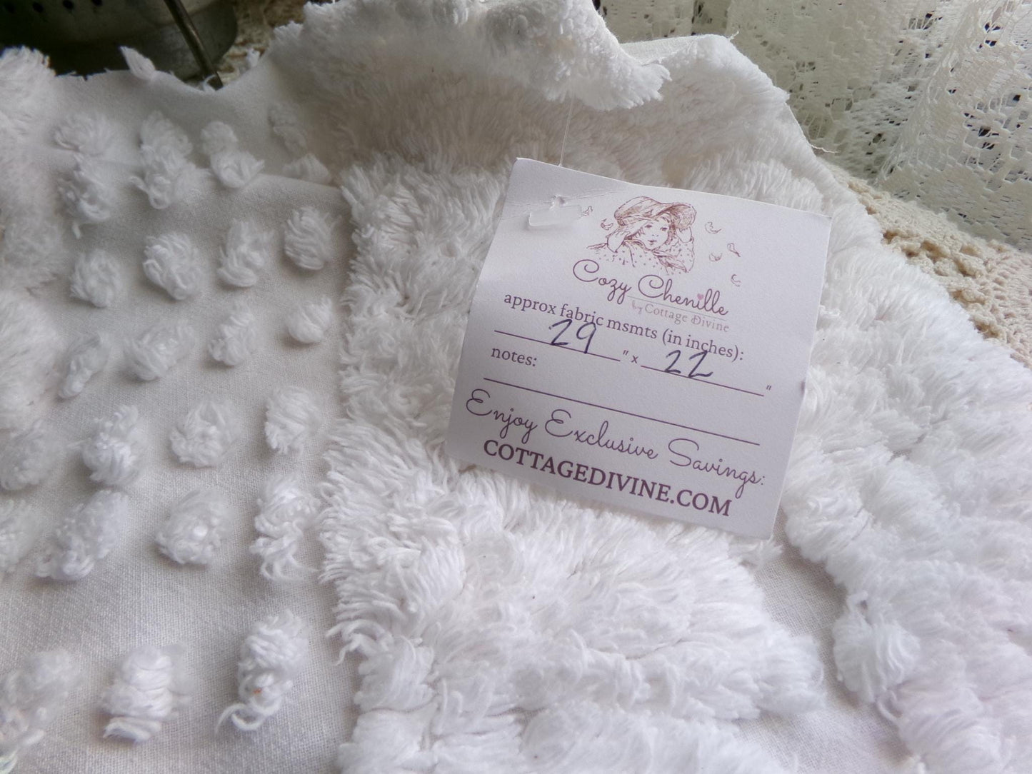 whisper white vintage chenille fabric, exquisite swirl dot design, 29" x 22" inch piece of plush cotton sewing material for quilts, crafts