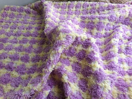 Happy Yellow & Purple Plaid Vintage Chenille Quilt Fabric, 25" x 21" inch Piece, 100% Soft Cotton Blend