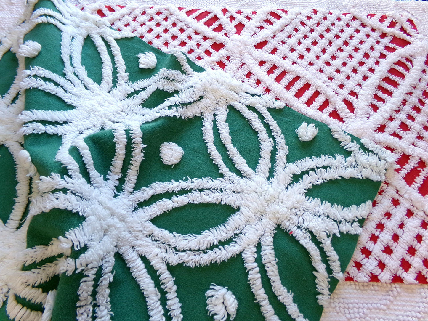 Christmas Quilt Fabric Stash Builder | Vintage Chenille Bundle for Sewing, Quilting in Red, White & Green | 2 Pieces 12" x 18" each