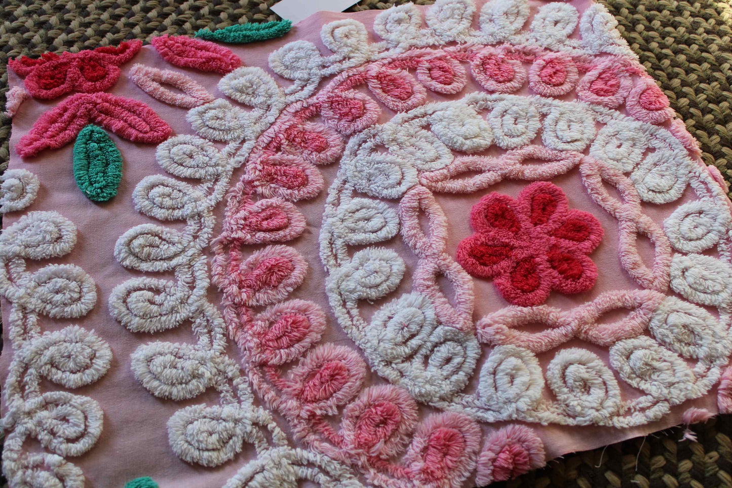 Yummy Strawberry Cake Vintage Chenille FABRIC, 32" x 17" Inch Piece, Swirls & Twirls of Frosted Tufts