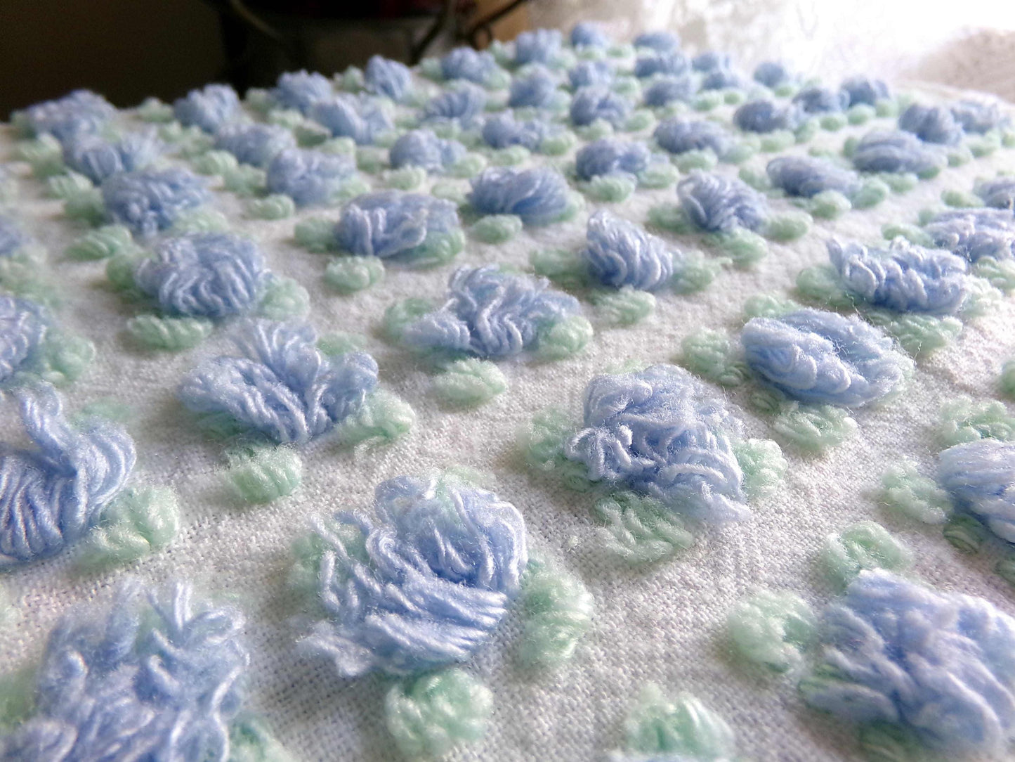 Heavenly Blue Rosebud Vintage Chenille Fabric, Morgan Jones Rose Design, 24" x 18" inch Piece, Angelic Raised Roses on White
