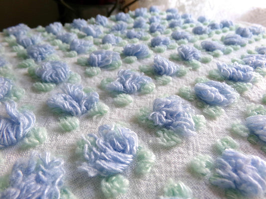 Heavenly Blue Rosebud Vintage Chenille Fabric, Morgan Jones Rose Design, 24" x 18" inch Piece, Angelic Raised Roses on White