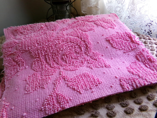 Romantic Pink Rose Dot Vintage Fabric, Reversible Chenille Woven Hobnail Design, 19" x 25" inches,