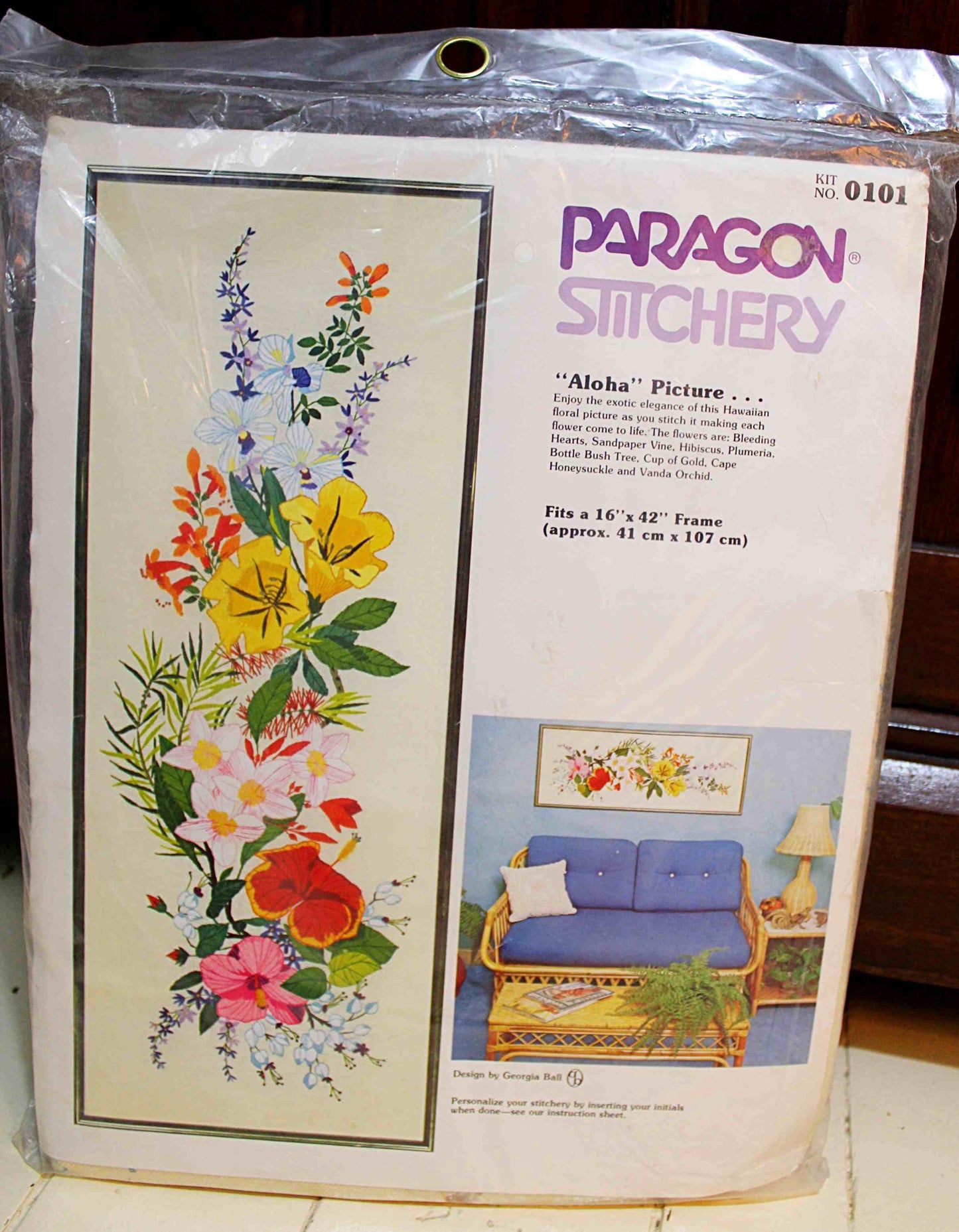 Hawaii ALOHA Crewel Embroidery Kit, Vintage Paragon Stitchery #0101, 16" x 42" Large Tropical Floral Wall Hanging, Georgia Ball Design