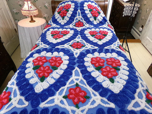 American Spirit Vintage Chenille Bedspread with Brilliant Red Roses in Blue & White Hearts, Full Size Bedding