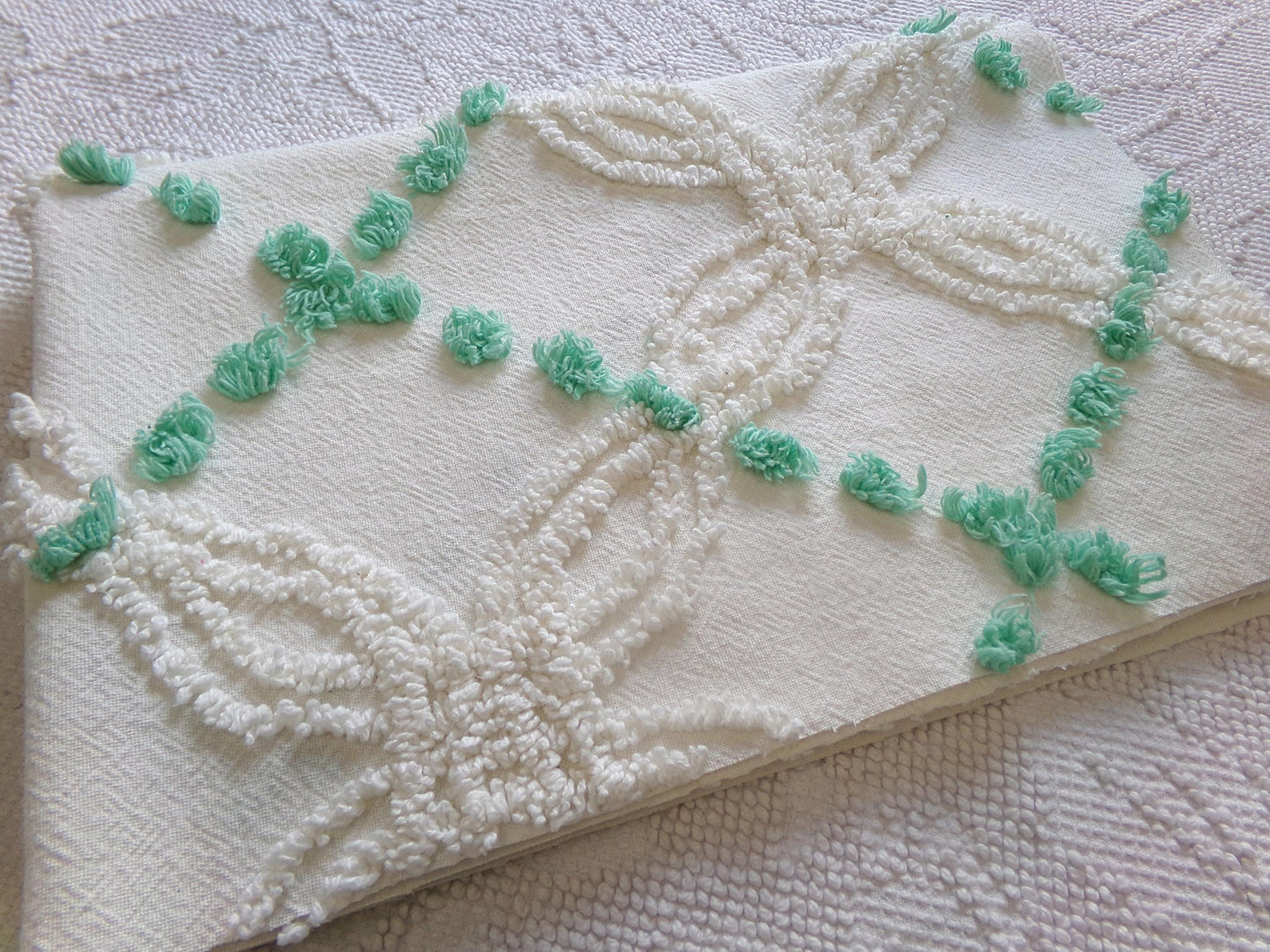 elegant ivory jade vintage chenille fabric, 17" x 26" piece of geometric dot sewing material