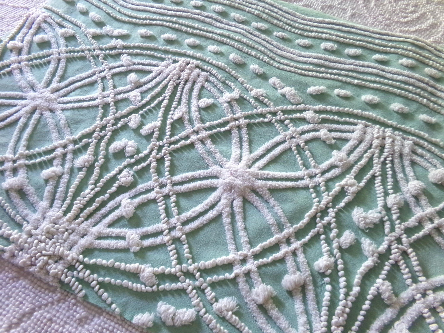 spiderweb jade green vintage chenille fabric, unique texturized web pattern on this 18" x 23" inch piece of sewing material