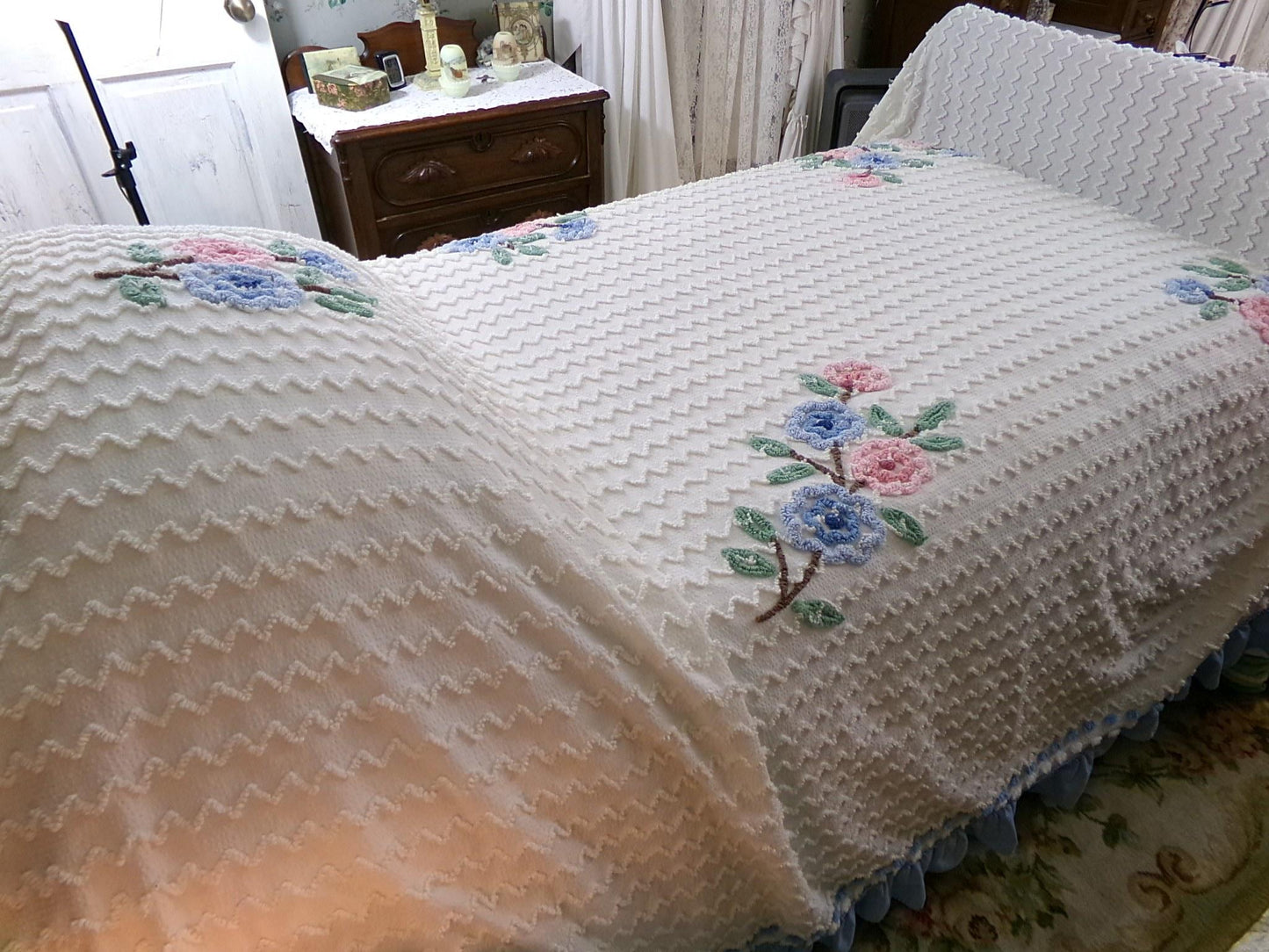beach cottage seersucker vintage bedspread with tufted chenille zig zags, pink & blue flowers, ruffle accent, twin or full size bedding