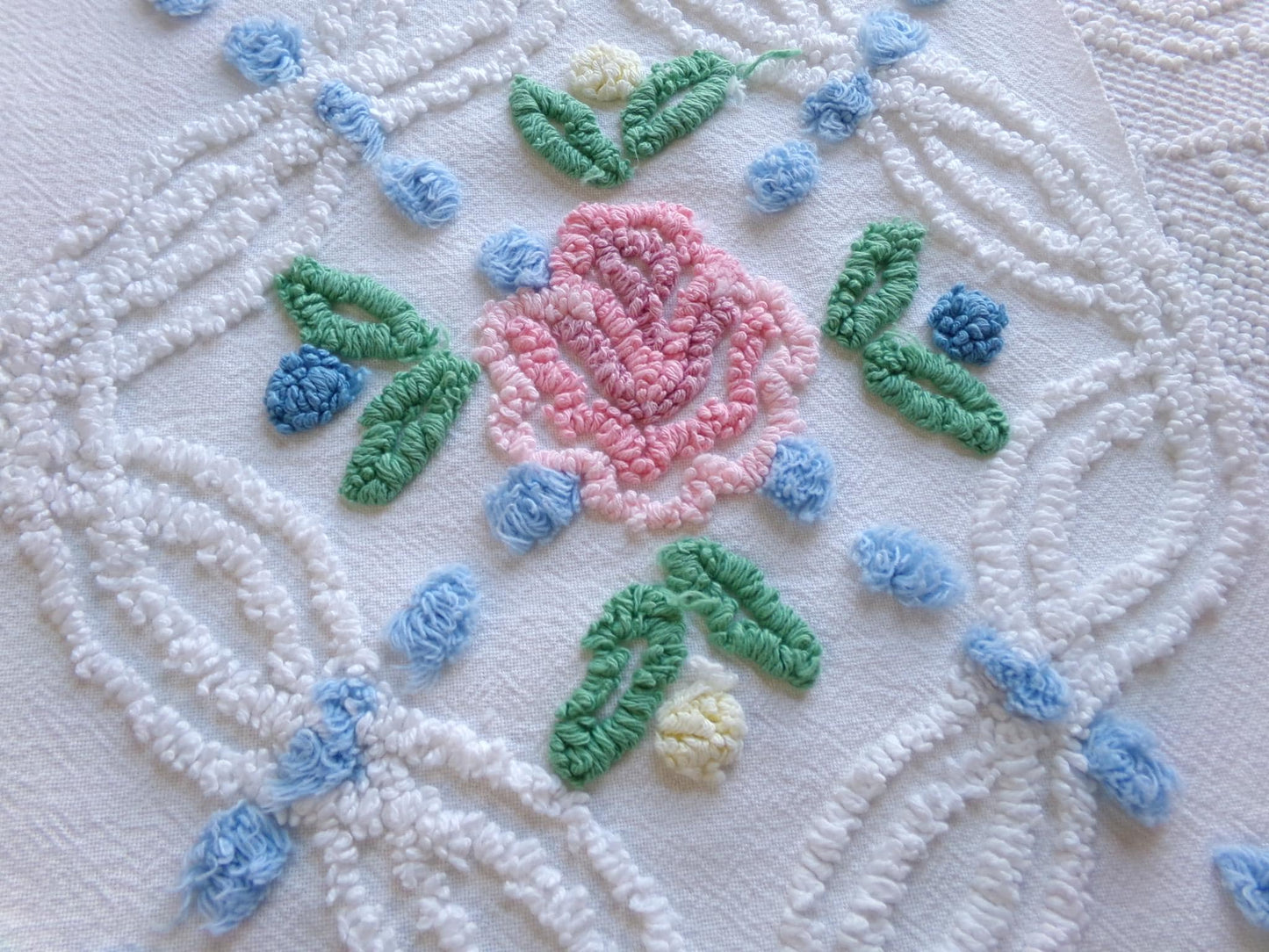 favorite cottage style vintage chenille fabric, pink roses & blue dots, 20" x 27" piece of white sewing material for quilting and crafts
