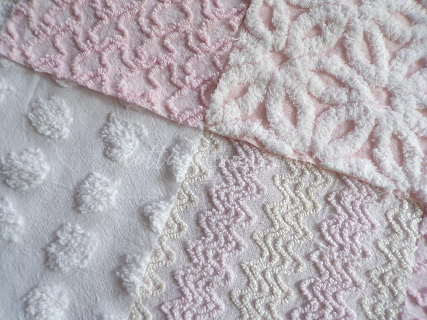 Dainty Pinks Chenille Quilt Squares Set from Vintage Bedspread Fabric, 16 Blocks, 6" x 6" inch
