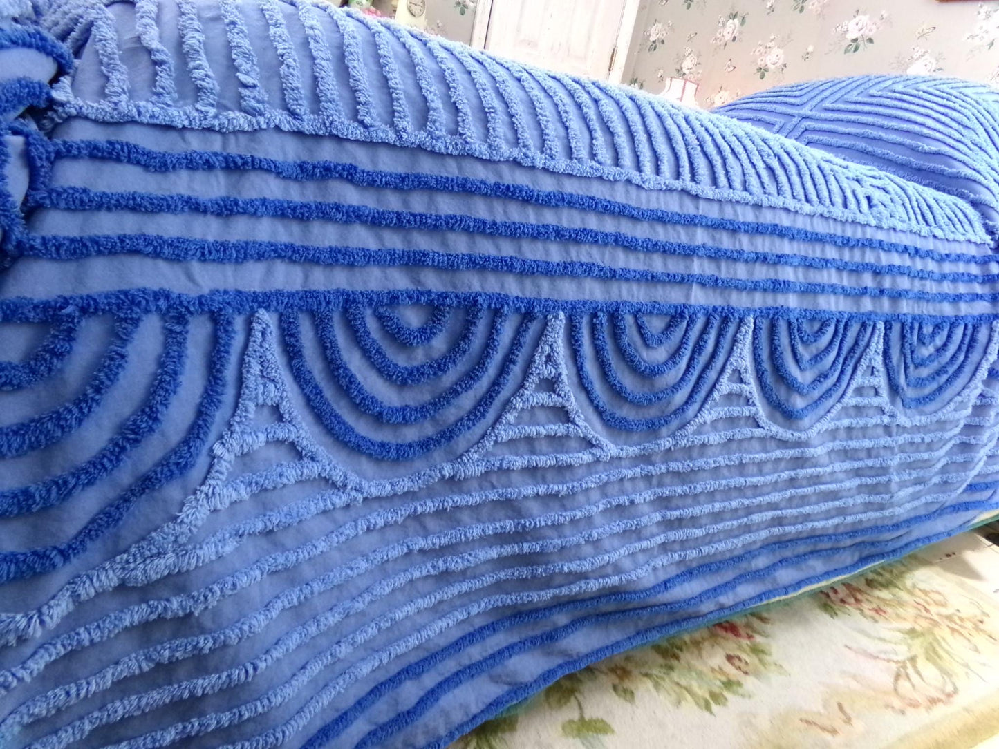 shabby sea nymph blue vintage chenille bedspread, coastal chic geometric design, full size cotton bedding
