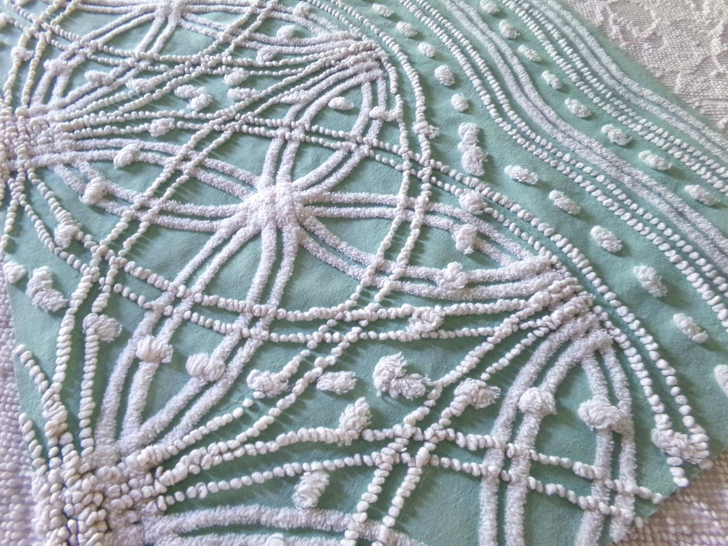 spiderweb jade green vintage chenille fabric, unique texturized web pattern on this 18" x 23" inch piece of sewing material