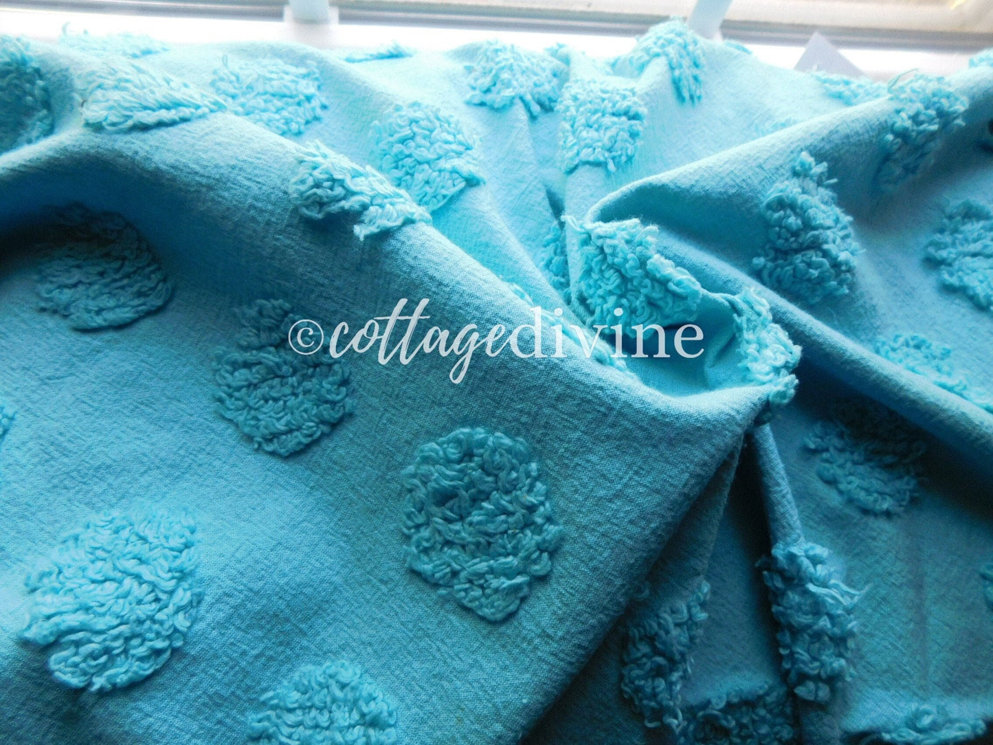 Jumbo Aqua Coin Pops Vivid Vintage Style Chenille Quilt Fabric Piece, 16" x 20" inches