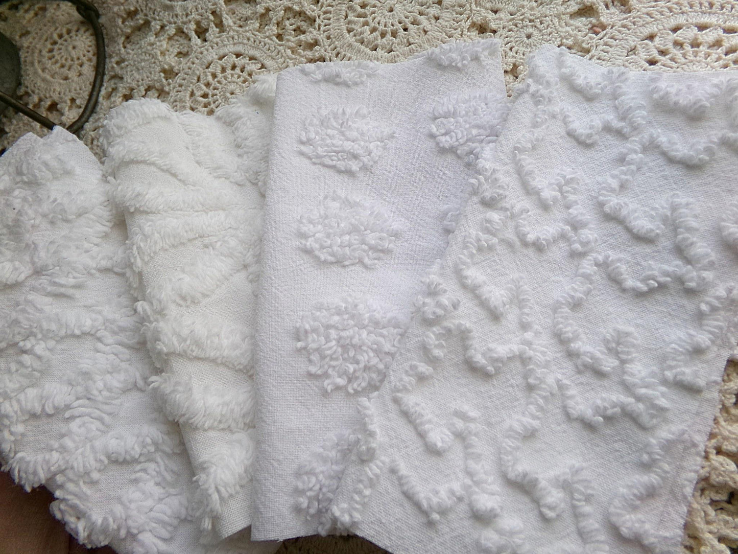 cherub feathers white chenille fabric squares, cut from vintage chenille bedspreads in popular patterns, set of 16 quilt blocks, 6" inch ea