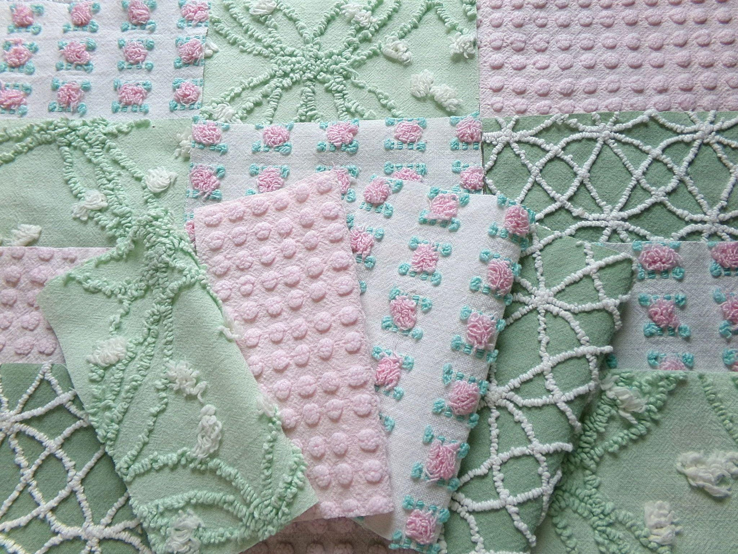 secret garden chenille fabric squares, 16 vintage 6" quilt blocks in pink & green, for sewing, crafts, fiber arts