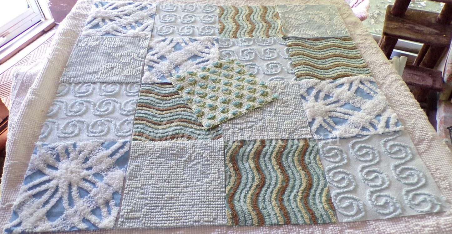 Breezy Blues Fabric Squares from Vintage Chenille Bedspread Fabrics, 17 Blocks Set, 6" x 6" inch, for Slow Stitching, Junk Journals, Quilt