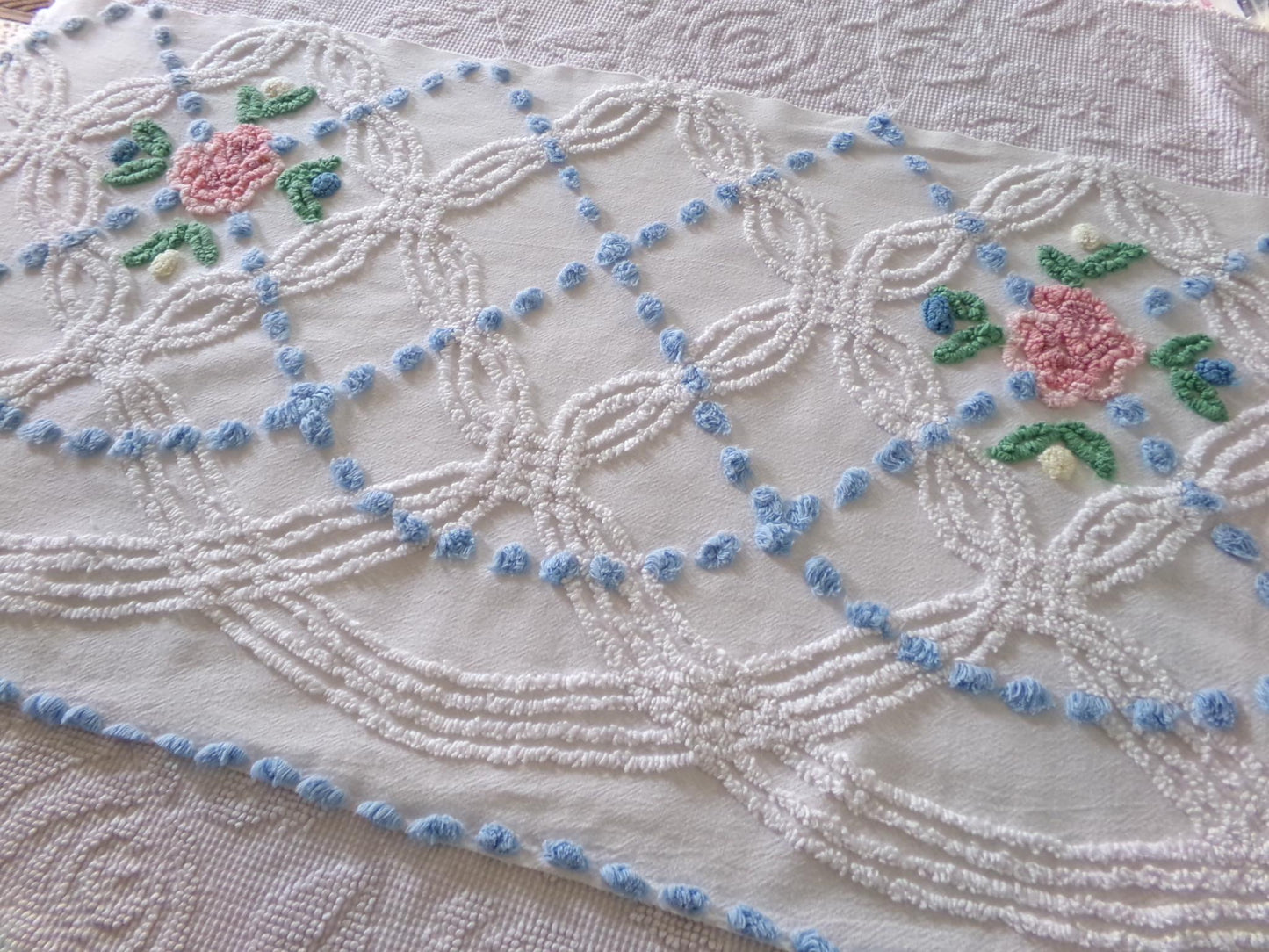 beach cottage fabric, cut from vintage chenille bedspread, 18" x 34" piece with 2 floral motifs, ideal for quilting & sewing