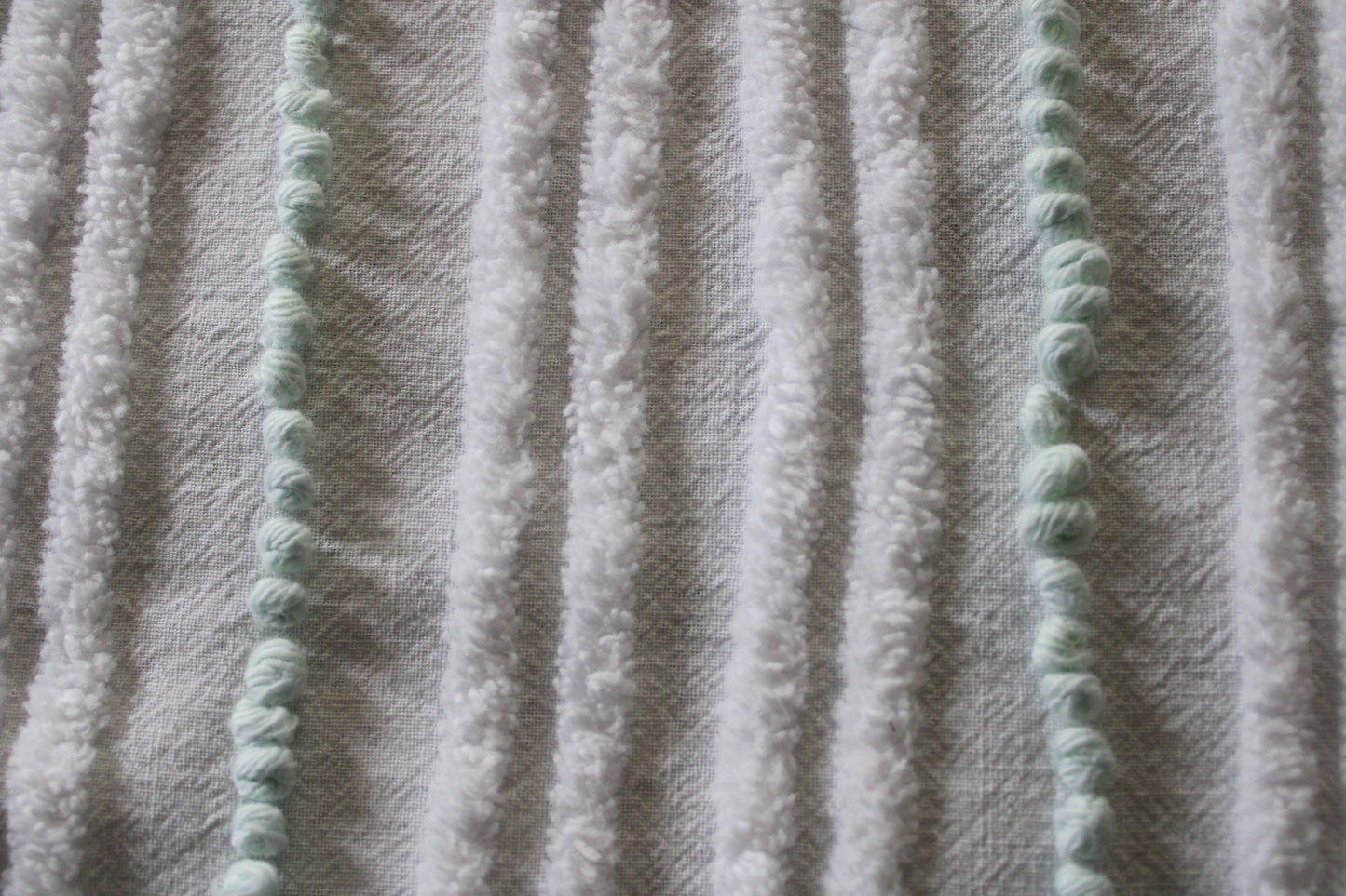 Mint Green Pearl Pops Vintage Chenille Quilt Fabric, White Skinny Stripes, 17" x 23" inch Piece, 100% Cotton